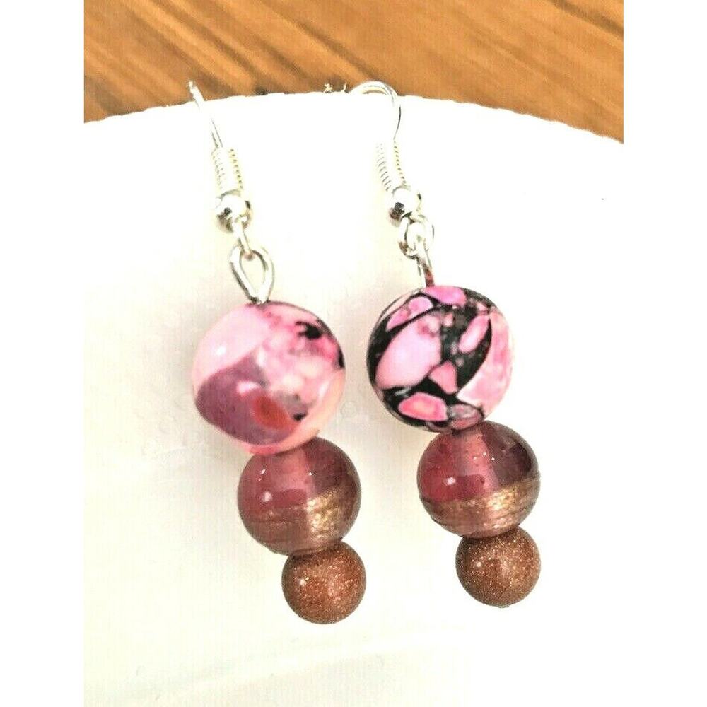 Pink Bead Hook Earrings Large to Small Silver-tone Hardware‎ 1"